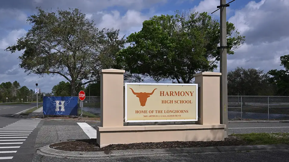 The road sign for Harmony High School, home of the Longhorns, in Harmony, Florida