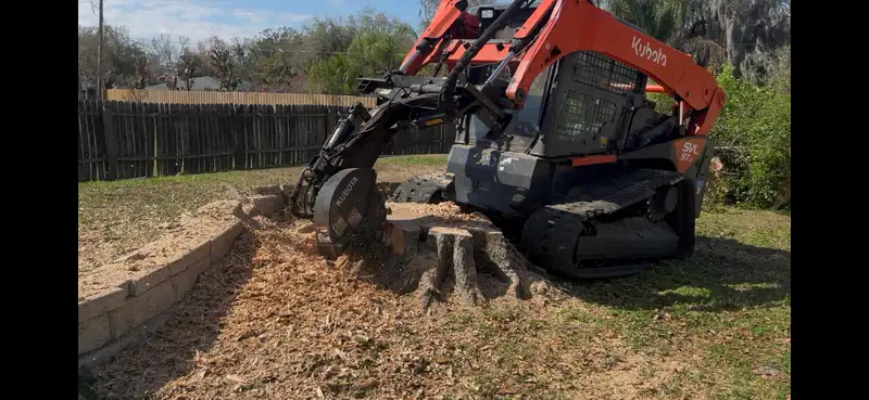 A tracked stump grinder chewing a large stump down in a backyard